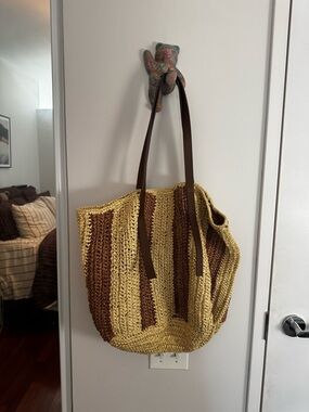 J. JILL Handwoven Brown and Cream Straw Tote Bag with Leather Straps